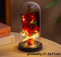 Red rose inside a glass dome with LED lights on a table