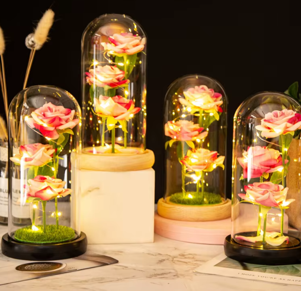 Decorative lights with roses inside glass domes on a wooden base.